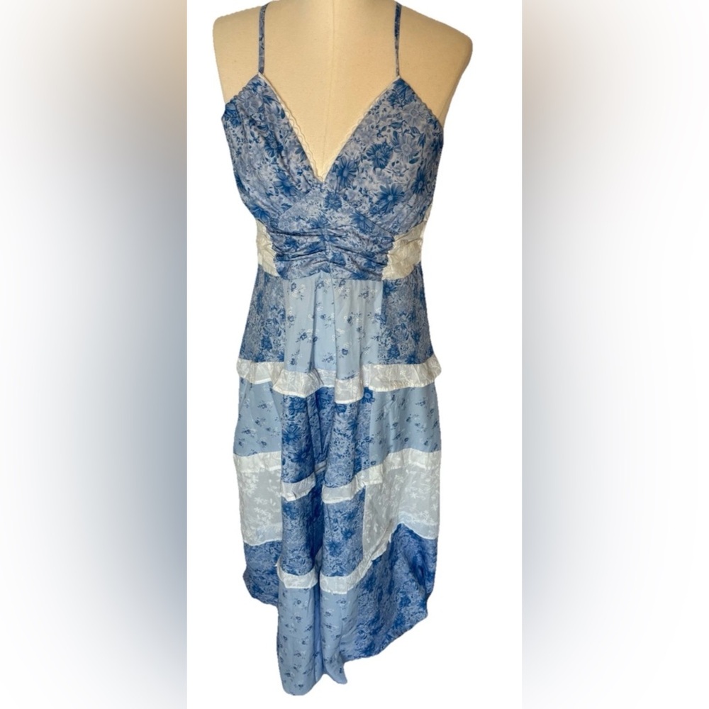 Ebossy NWT Women's Maxi Dress Patchwork Blue White Floral LG spring summer